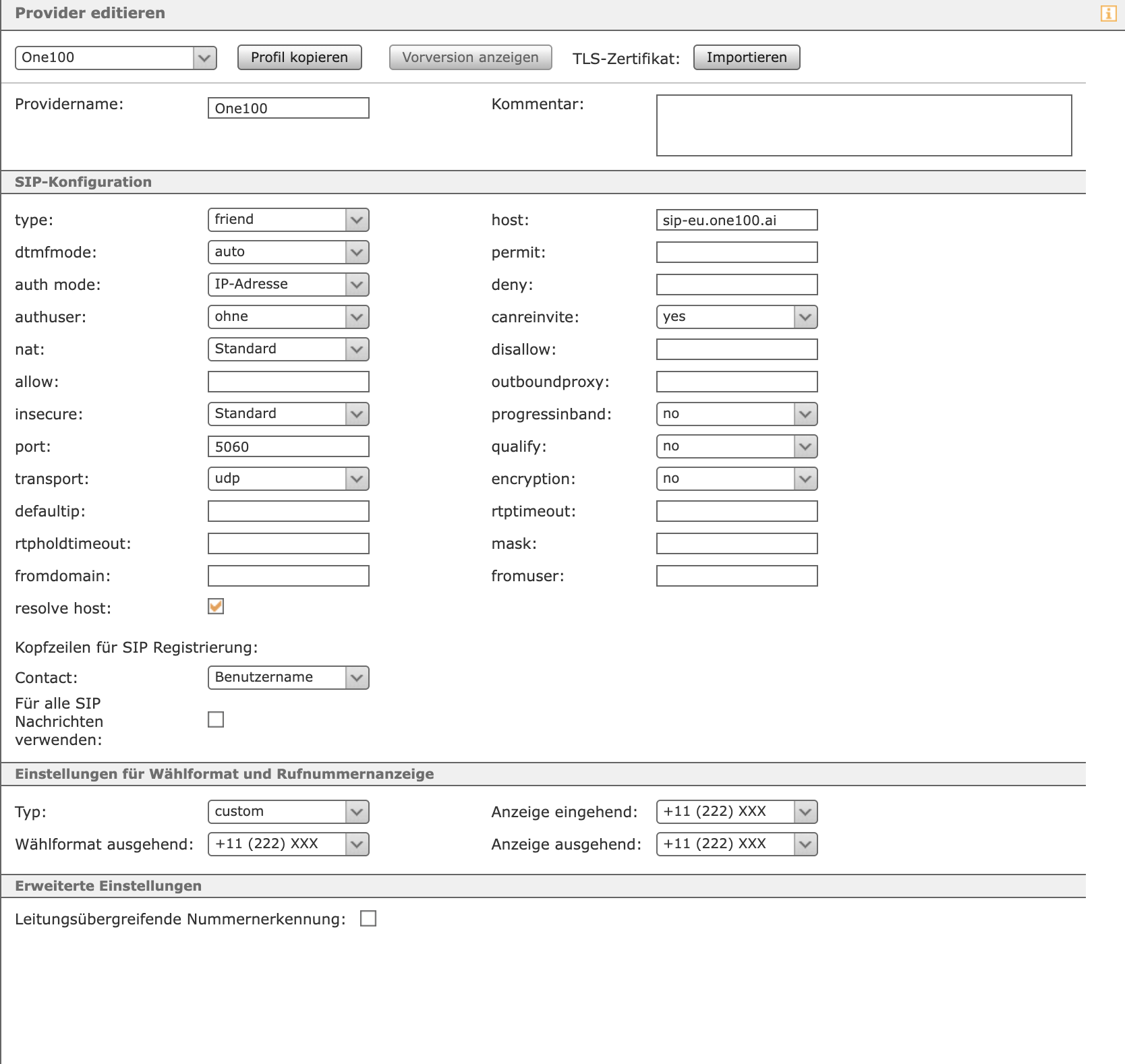 Provider editieren, SIP-Konfiguration mit host sip-eu.one100.ai, port 5060, transport udp