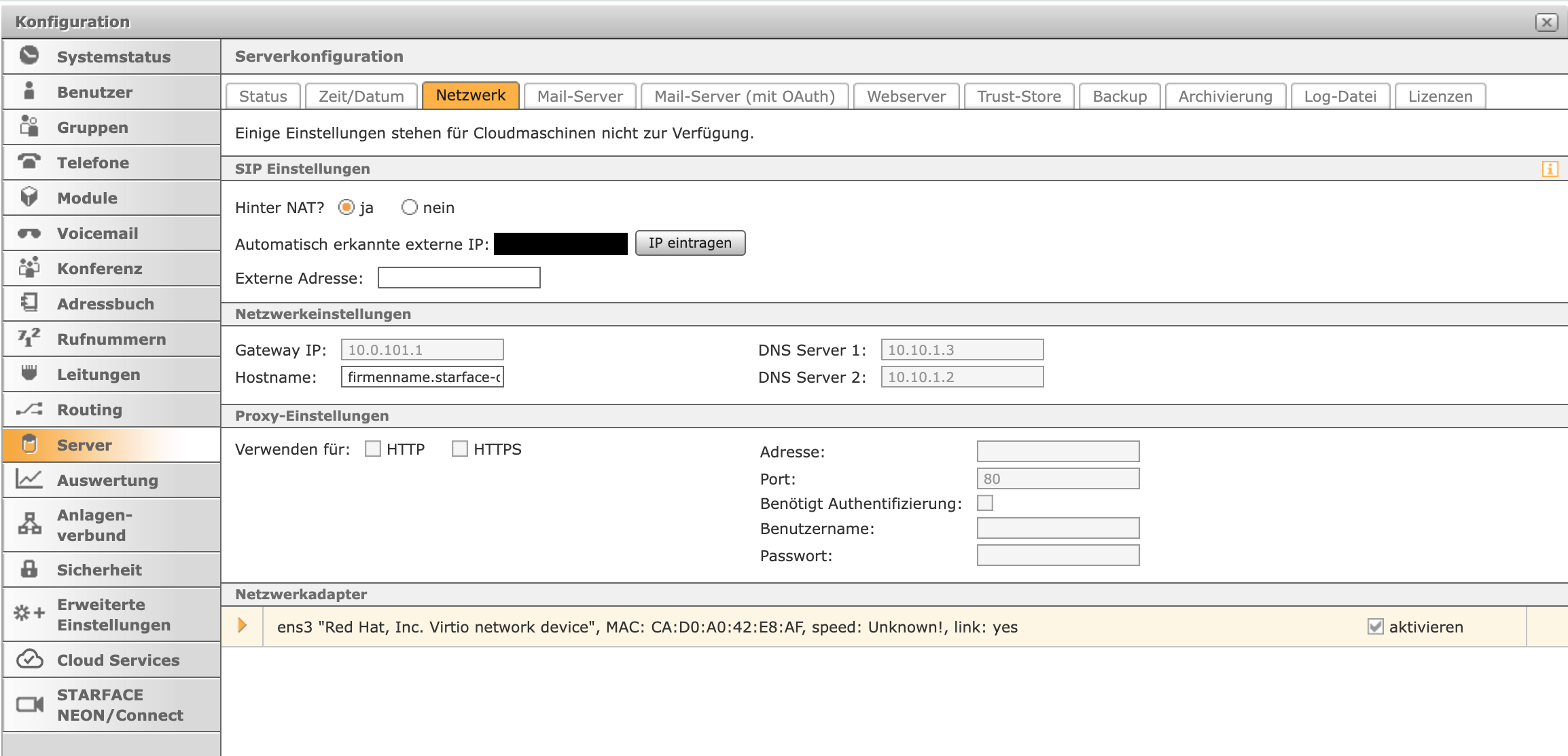 STARFACE-Serverkonfiguration, Reiter Netzwerk mit hervorgehobenem Feld Hostname (z.B. firmenname.starface-cloud.com)
