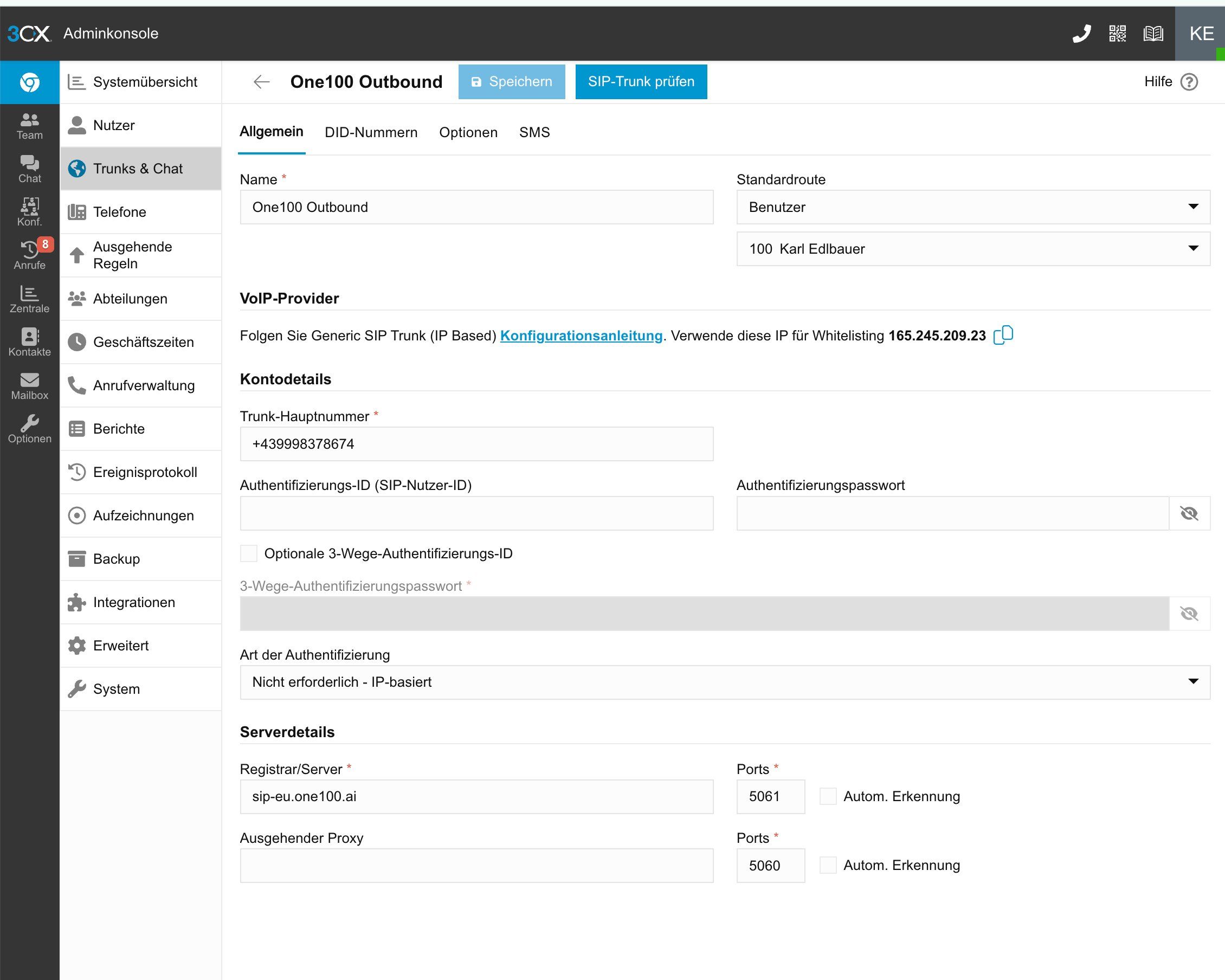3CX-Trunk Allgemein-Tab mit Registrar sip-eu.one100.ai und Port 5061 für TLS