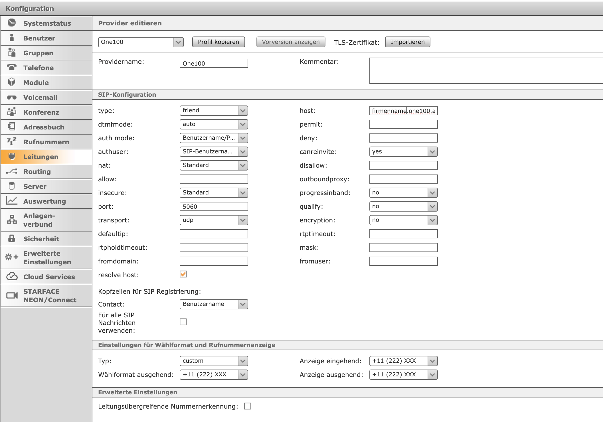 Provider-Profil One100, SIP-Konfiguration mit hervorgehobenem Feld canreinvite yes