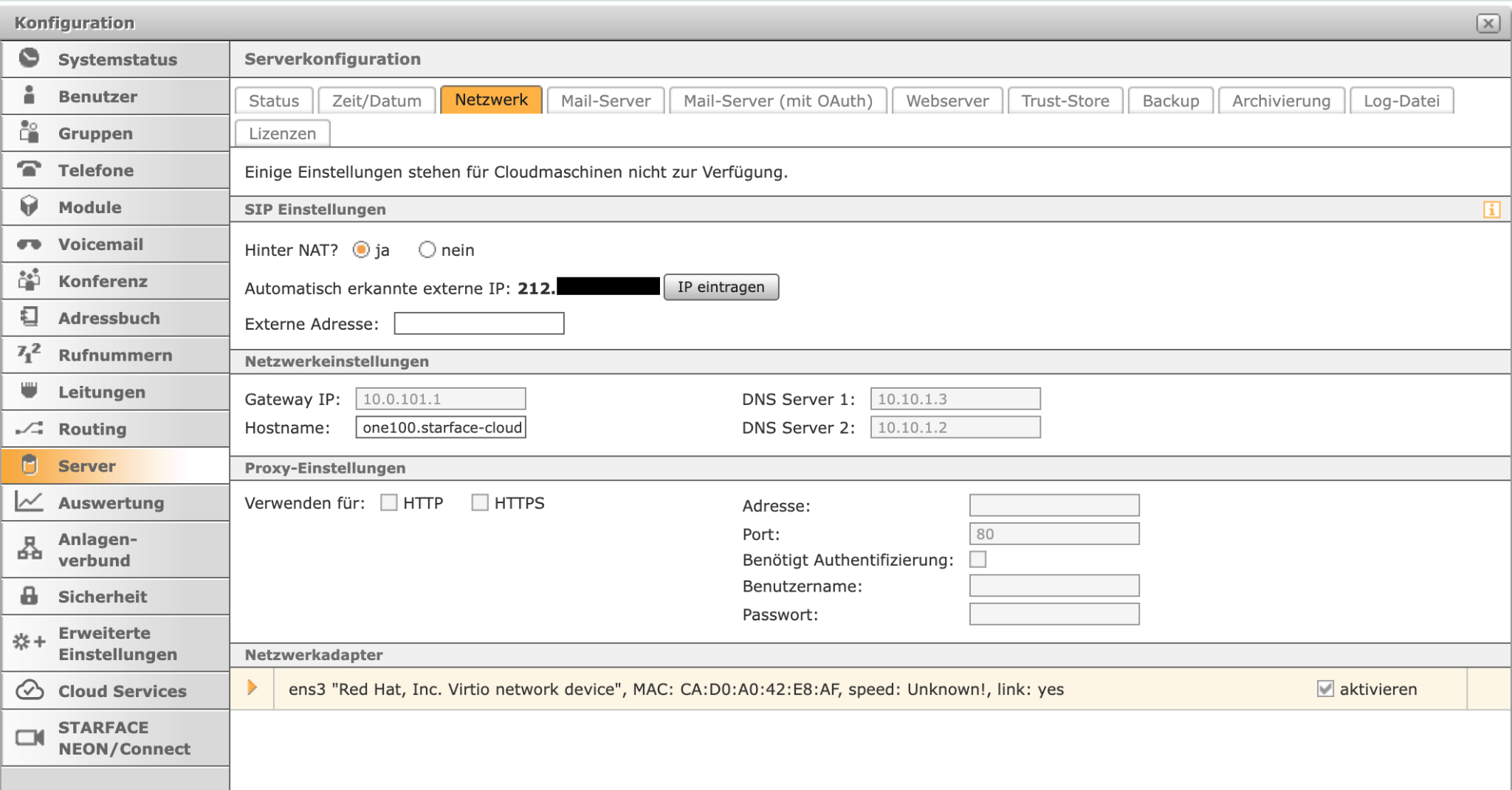 STARFACE-Serverkonfiguration, Reiter Netzwerk mit automatisch erkannter externer IP