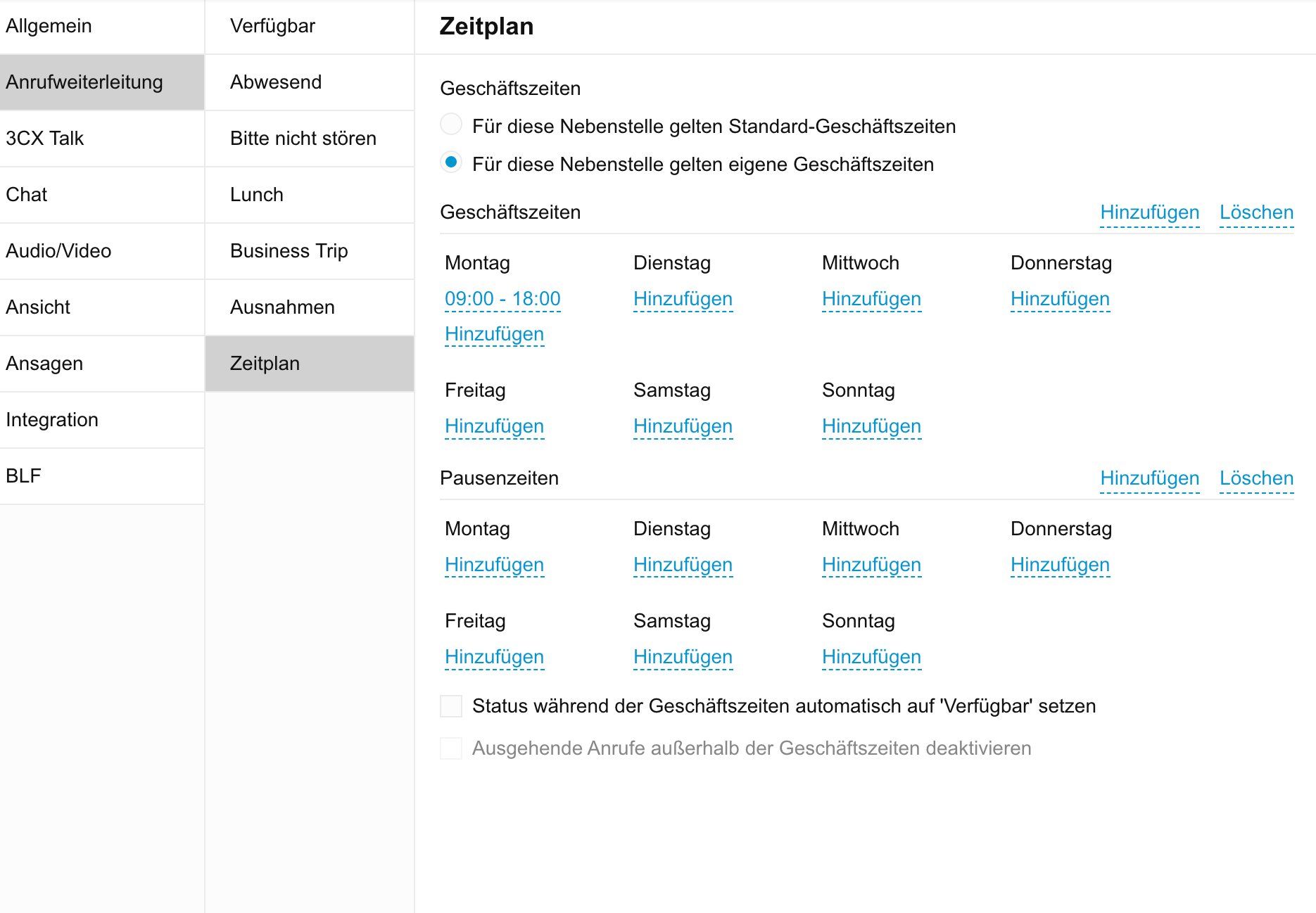 3CX Anrufweiterleitung Zeitplan mit eigenen Geschäftszeiten Montag 09:00-18:00 und automatischem Status-Wechsel