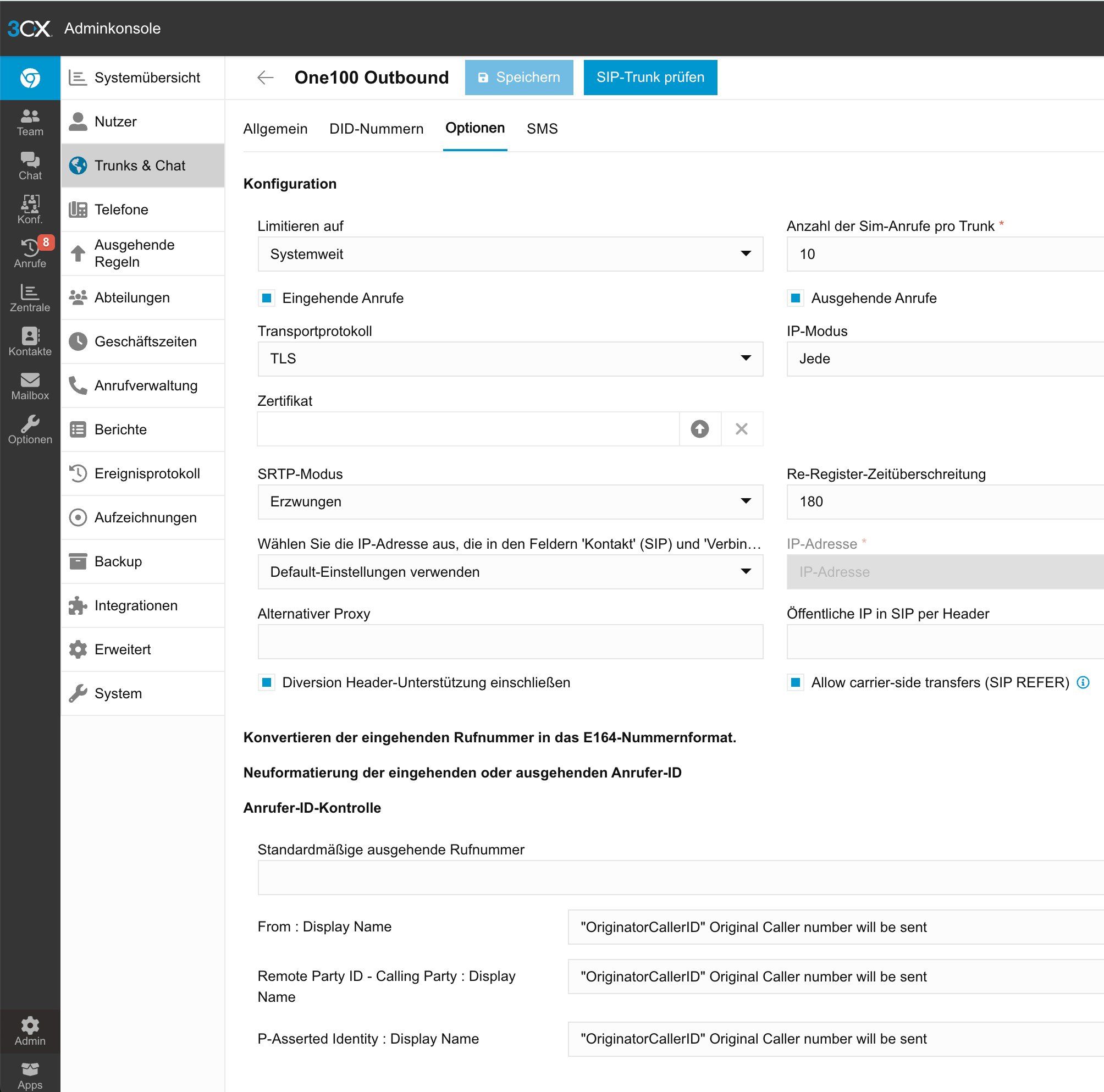 3CX-Trunk Optionen-Tab mit Transportprotokoll TLS und SRTP-Modus Erzwungen