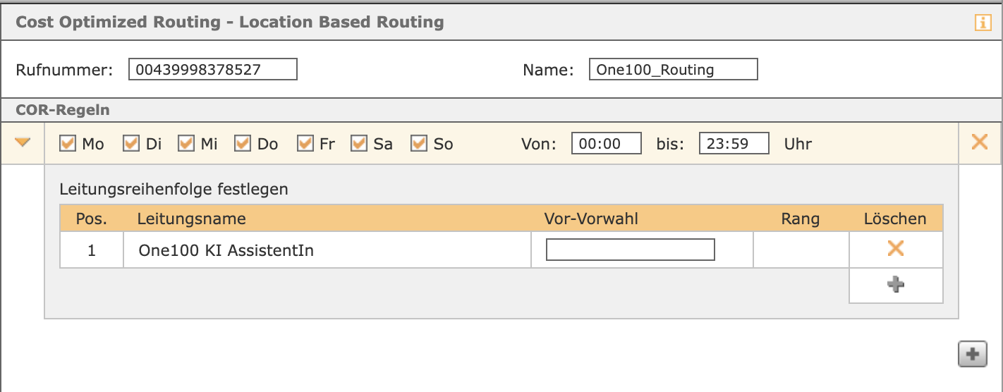 COR Cost Optimized Routing, Rufnummer 0043 und Leitung One100 KI AssistentIn