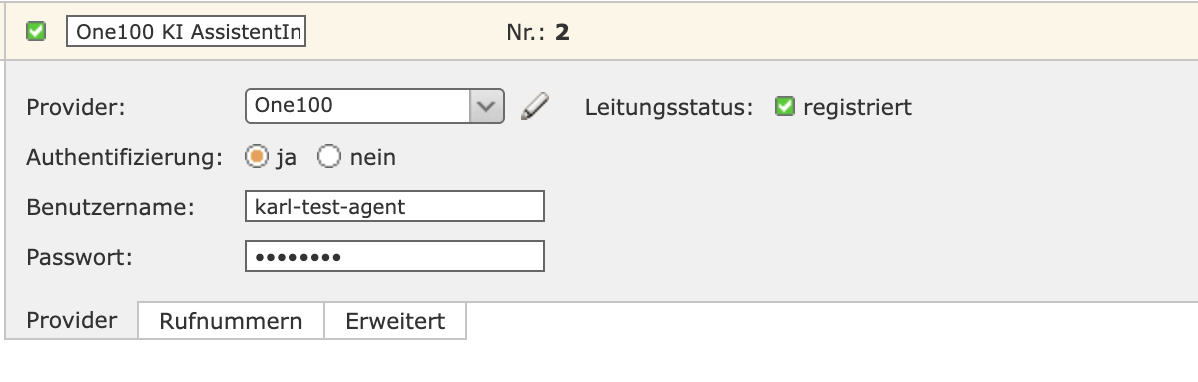 Leitung One100 mit Authentifizierung ja, Benutzername und Passwort, Leitungsstatus registriert