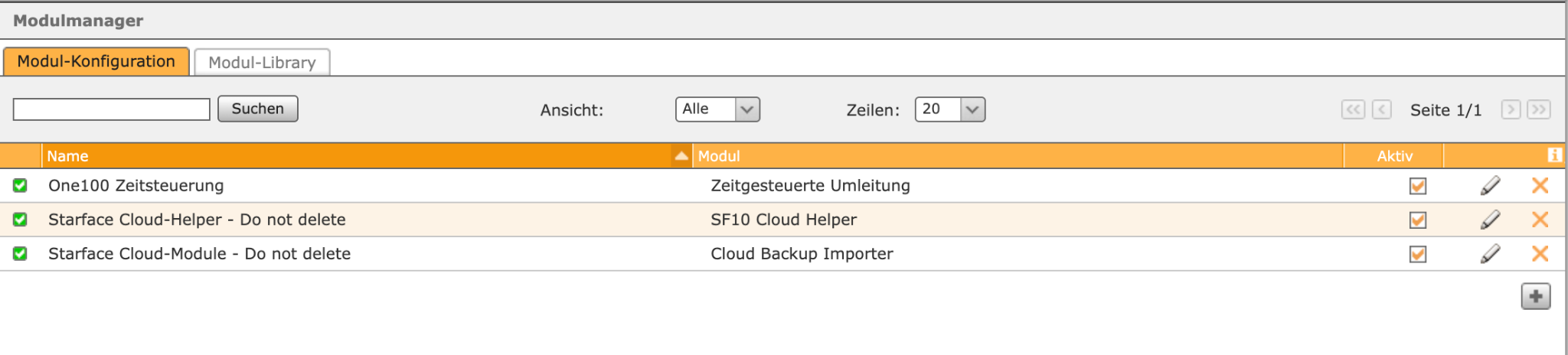 Modulmanager mit aktivem Modul One100 Zeitsteuerung