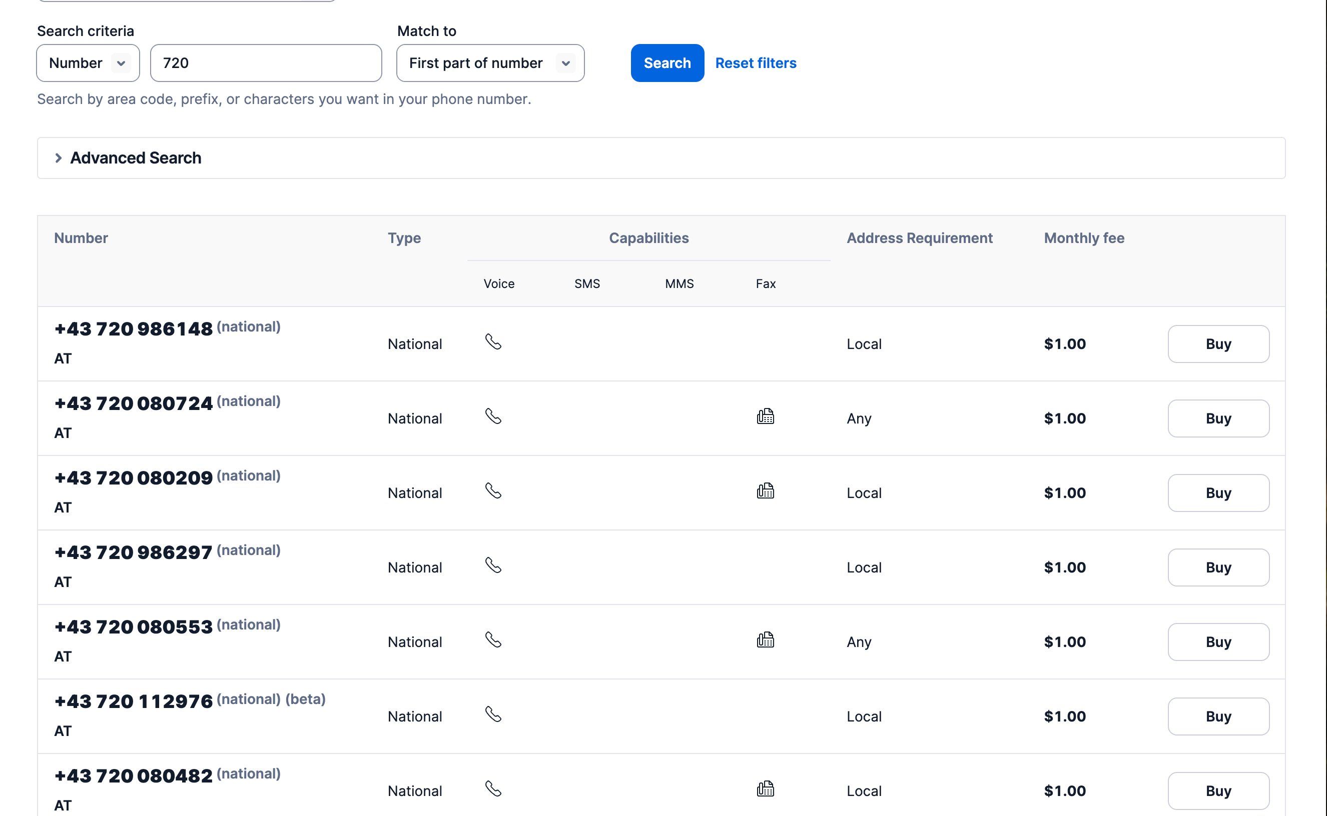 Twilio Nummern-Suche