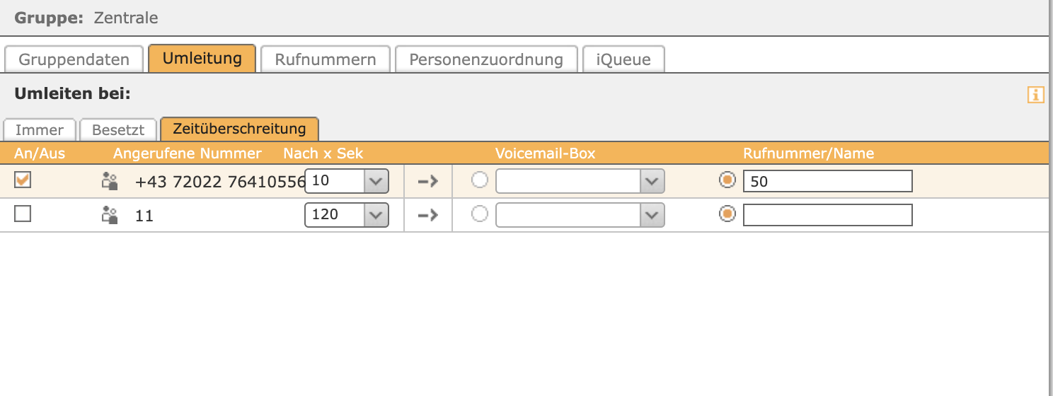 Gruppe Zentrale Umleitung, Zeitüberschreitung nach 10 Sekunden auf 50