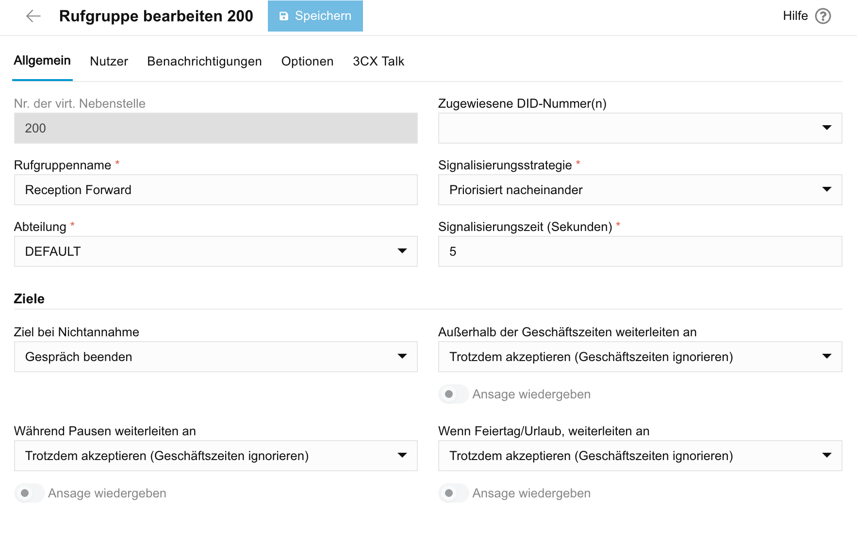 3CX Rufgruppe bearbeiten - Tab Allgemein mit Rufgruppenname „Reception Forward", virtueller Nebenstelle 200, Signalisierungsstrategie „Priorisiert nacheinander" und Signalisierungszeit 5 Sekunden