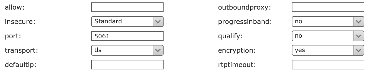 STARFACE One100-Leitung im TLS-Setup mit Port 5061, Transport TLS und Encryption tls