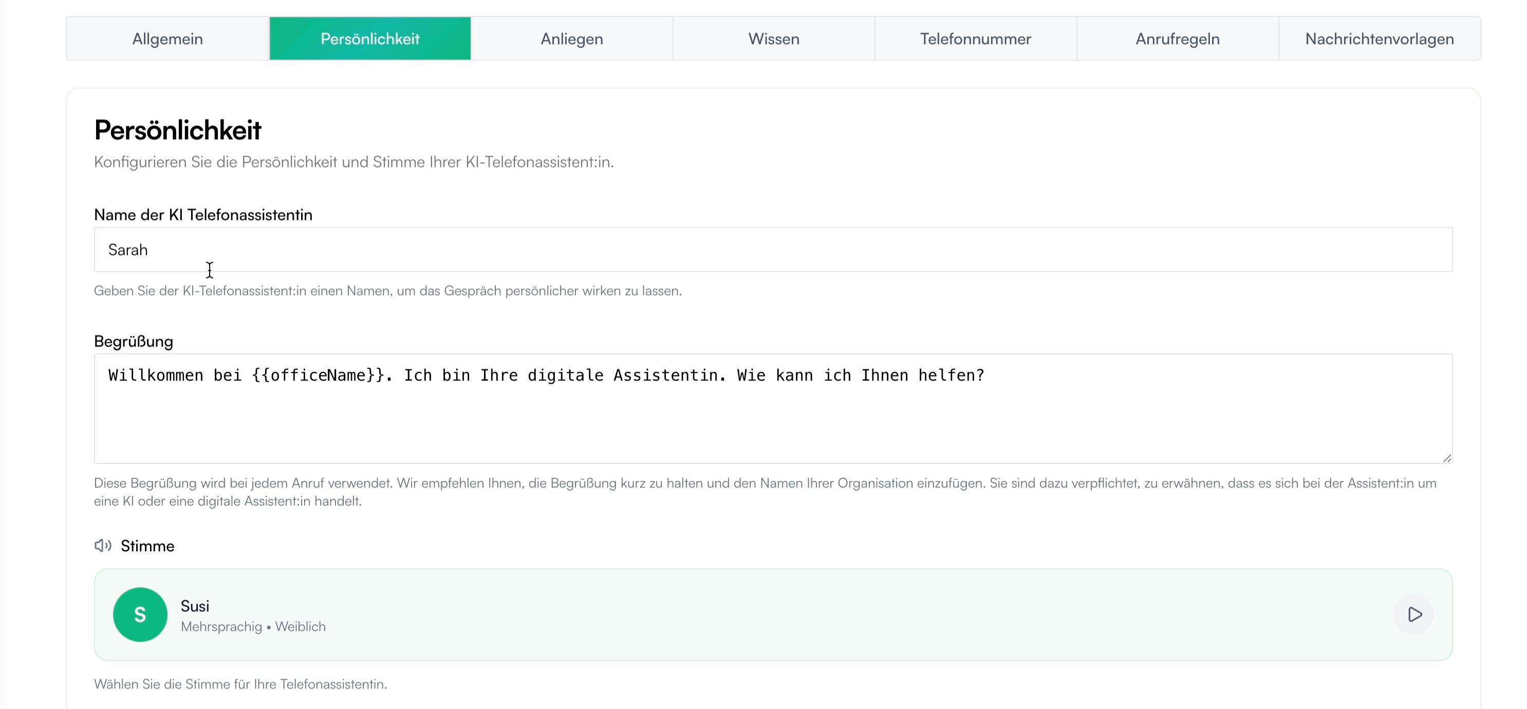 Einstellung von Name und Begrüßung der Assistentin