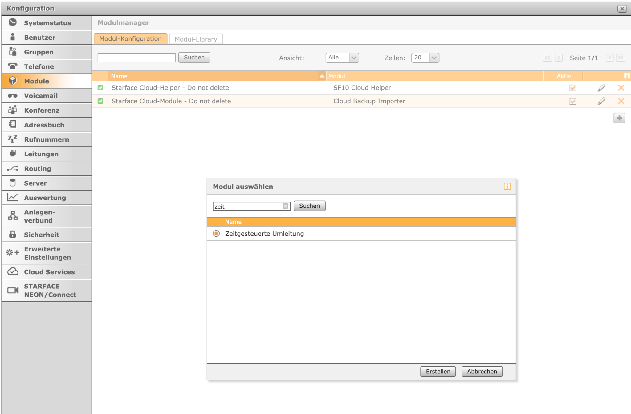 Modulmanager, Modul auswählen mit Zeitgesteuerte Umleitung