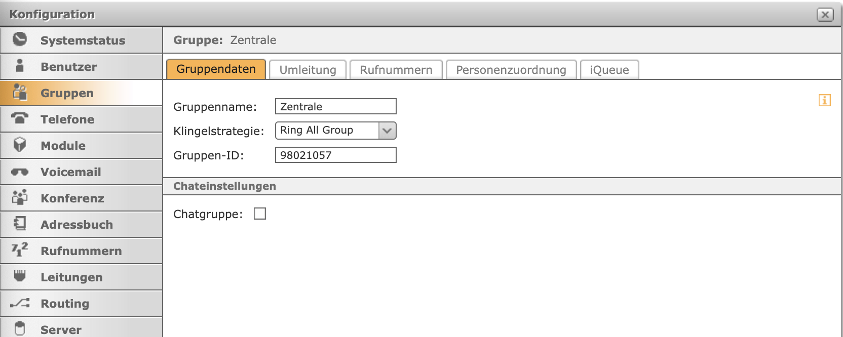 Gruppe Zentrale Gruppendaten mit Klingelstrategie und Gruppen-ID