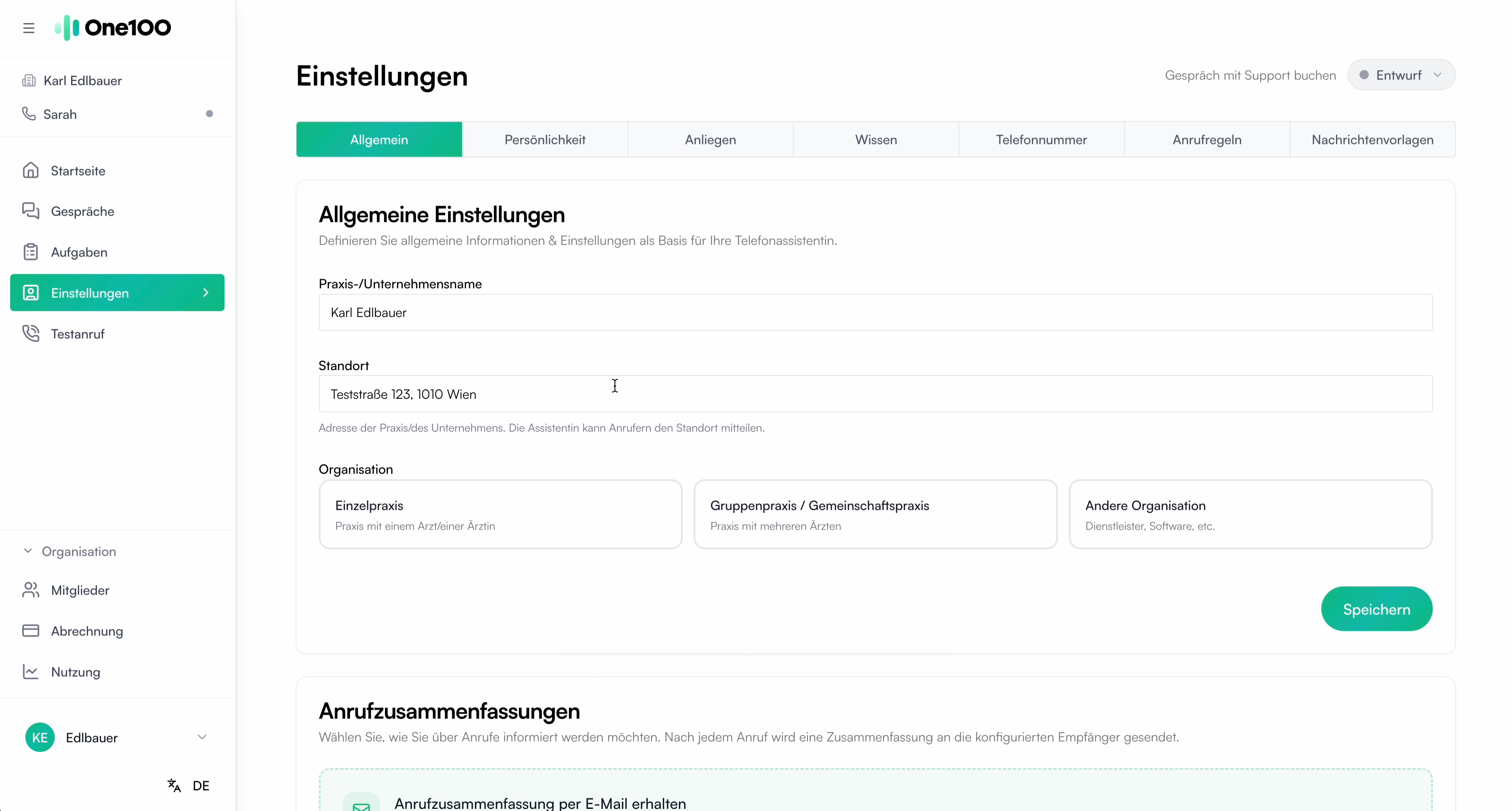 Eingabemaske für Praxis-Basisinformationen