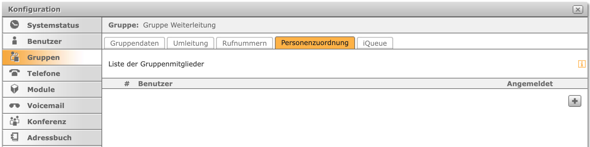 Reiter Personenzuordnung der Gruppe Weiterleitung, noch ohne Mitglieder