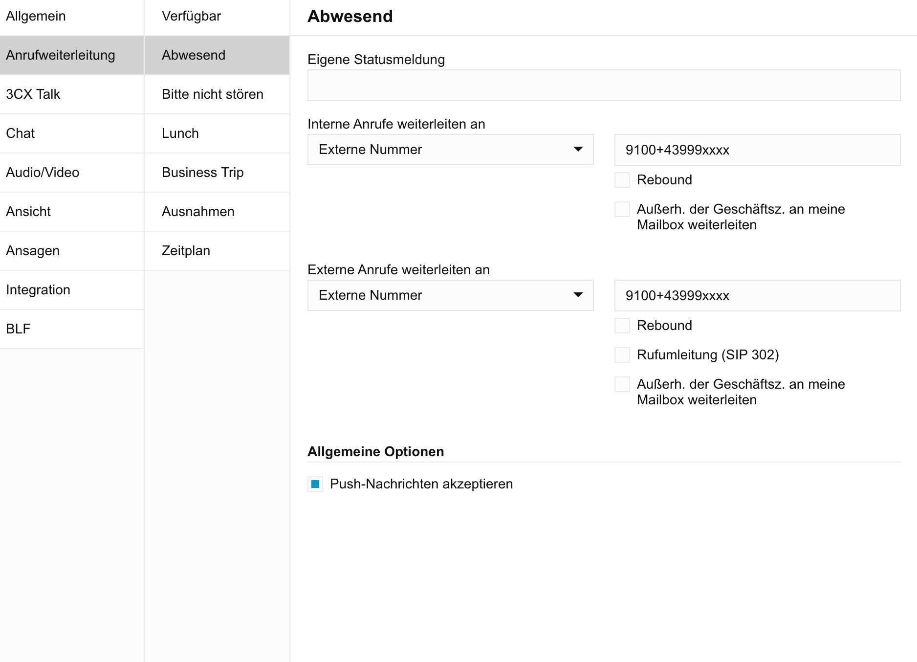 3CX Anrufweiterleitung im Profil „Abwesend" mit separaten Weiterleitungen für interne und externe Anrufe und Mailbox-Option