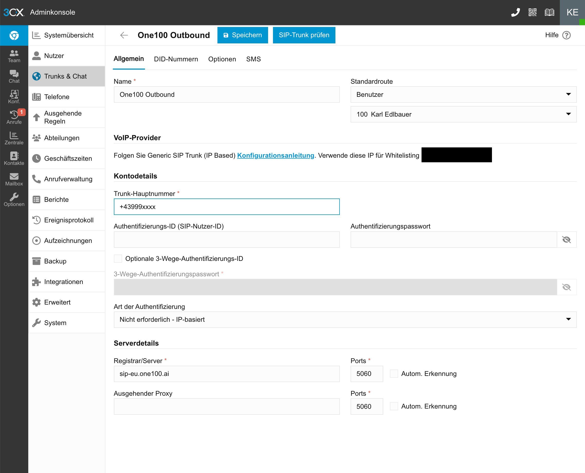 3CX-Trunk Allgemein-Tab mit Name „One100 Outbound", Trunk-Hauptnummer, IP-basierter Authentifizierung und Registrar sip-eu.one100.ai