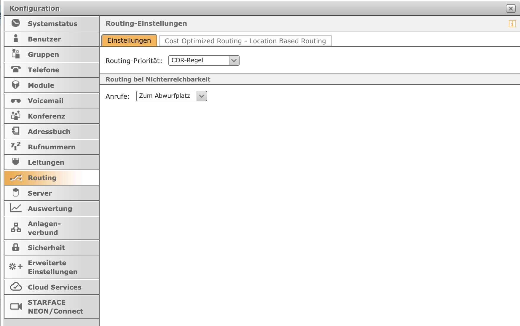 Routing-Einstellungen mit Routing-Priorität COR-Regel