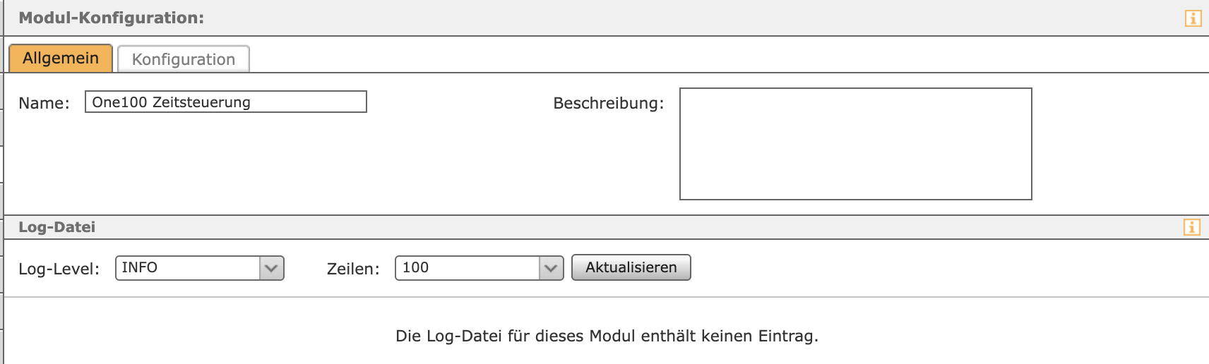 Modul-Konfiguration Allgemein mit Name One100 Zeitsteuerung