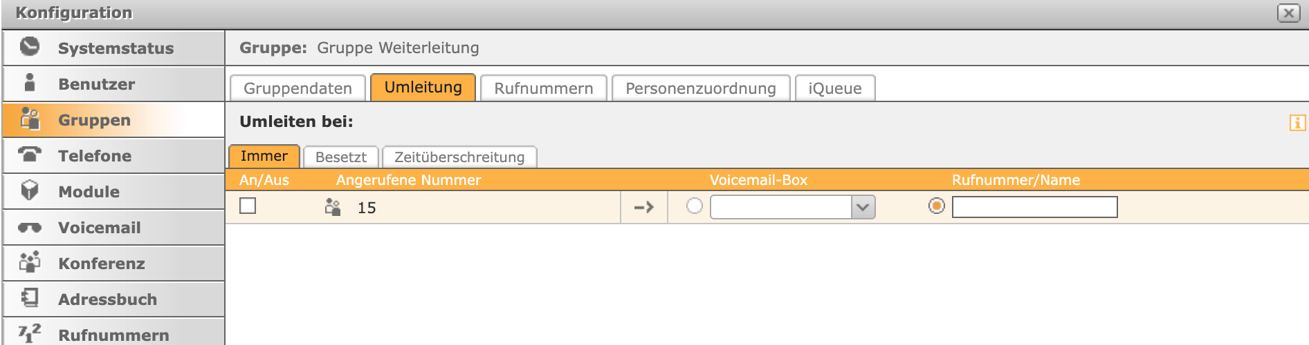 Reiter Umleitung der Gruppe Weiterleitung, Unterreiter Immer, ohne aktive Weiterleitung auf die KI (An/Aus-Checkbox leer)