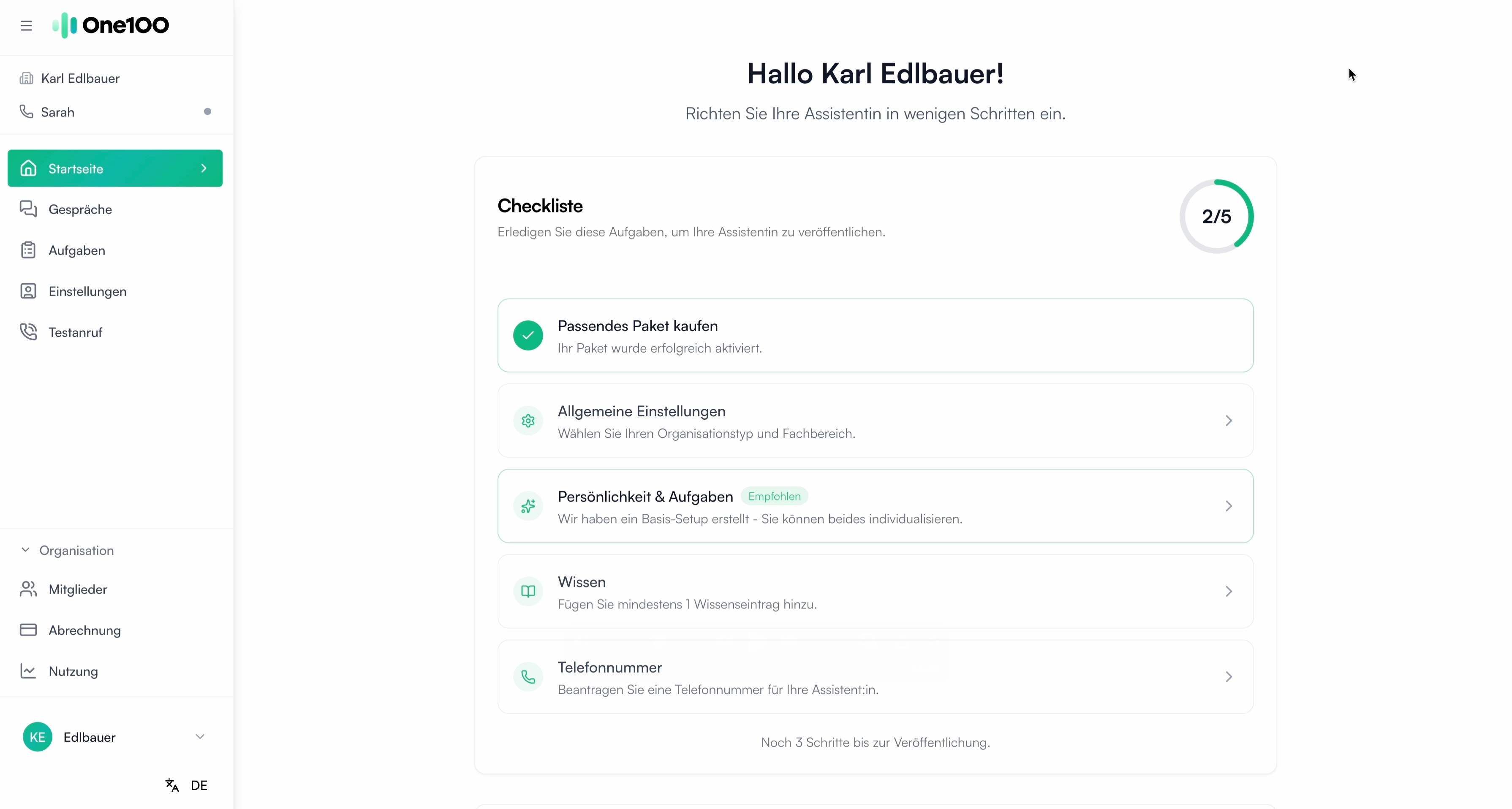 Startseite des One100 Portals mit Übersicht der Einrichtungsschritte