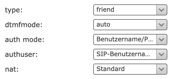 SIP-Einstellungen mit auth mode Benutzername/Passwort und authuser SIP-Benutzername